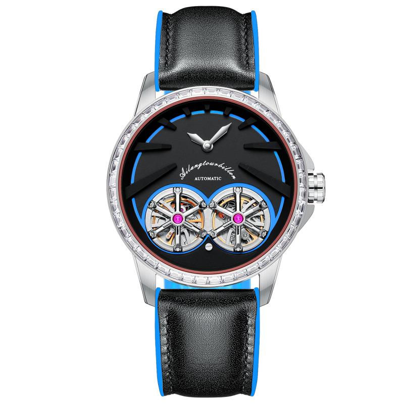 Domed Holographic Glass with Anti Glare AI LANG Fashion Watch Mechanic Automatic Double Tourbillon High-end Leather Wristwatch