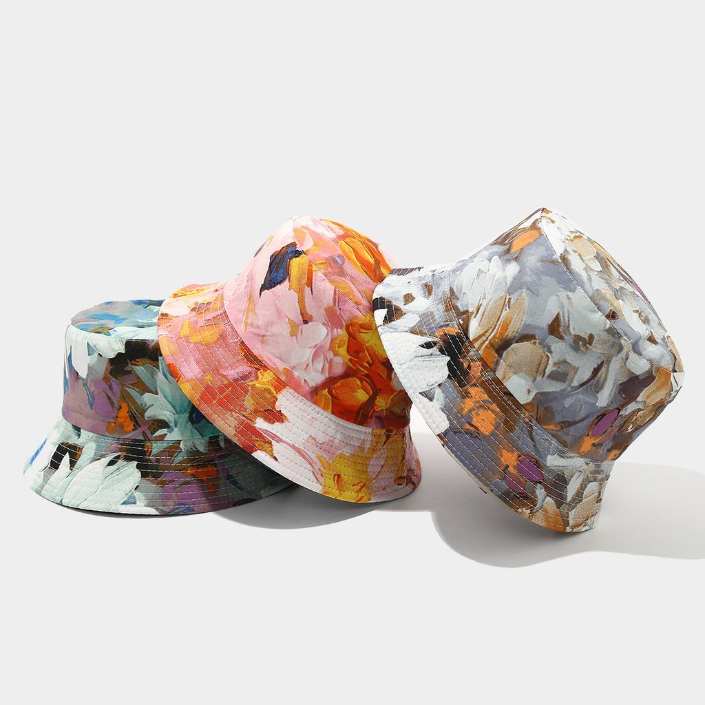 Double-sided Bucket Hat Women's Spring and Summer New Colorful Graffiti Flower Pot Hat Trendy Foldable Sun Hat Shows Small Face