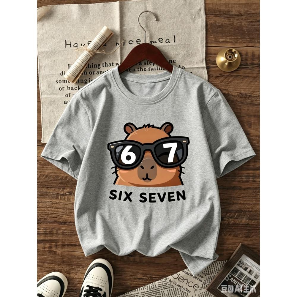 T-shirt Graphique Capybara Dessin Animé pour Enfants Impression Chiffre 6 7 Style Cool T-shirt d'Été Streetwear pour Filles Garçons