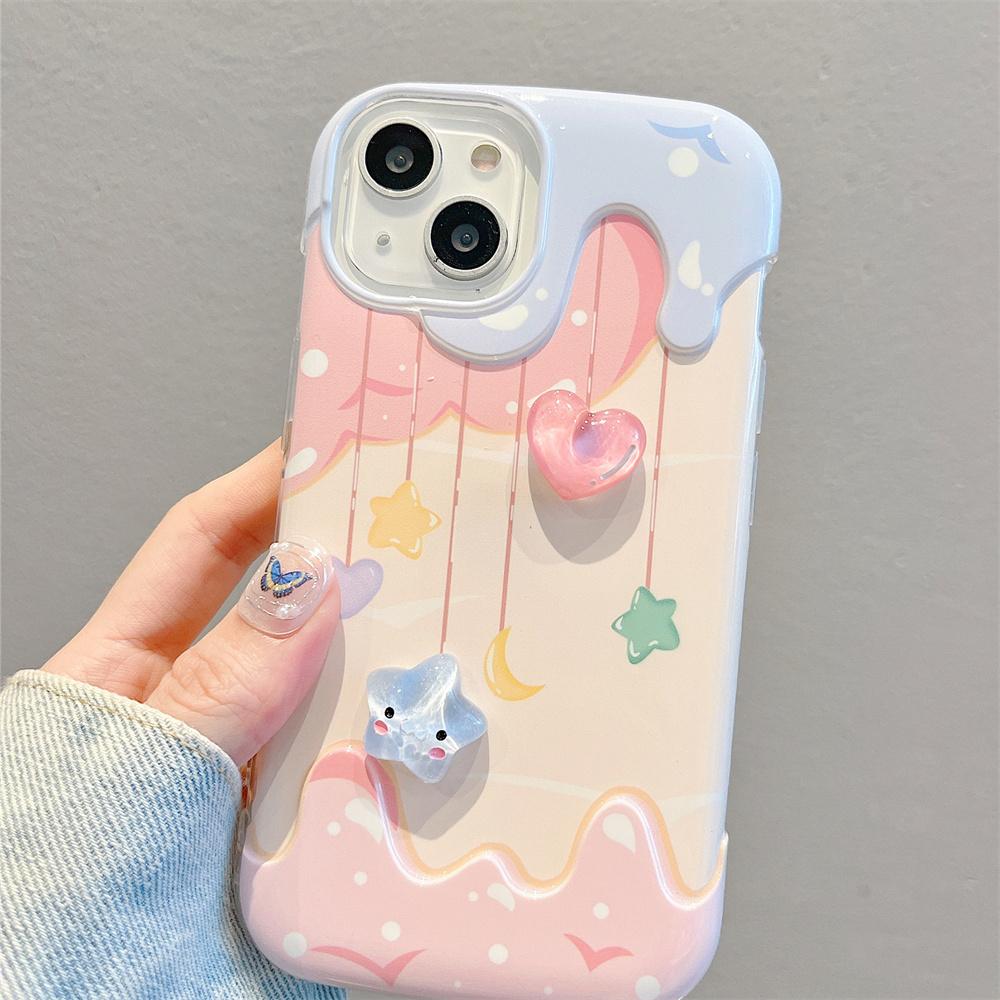 Cartoon 3D Heart Star Ice Cream Bead Strap Phone Case For iPhone 15 13 14 12 11 Pro Max Plus INS Lovely Soft Silicone Back Cover