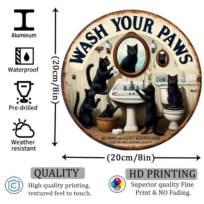 Vintage Black Cat Aluminum Sign - 8"x8" Round Metal Wall Decor for Bathrooms, Garages, Home Bars, Man Caves and Outdoor Spaces