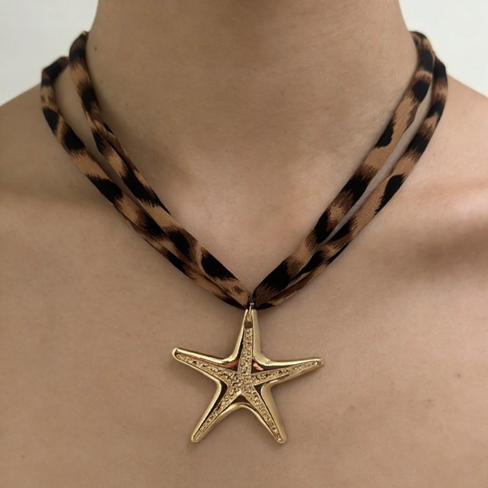 Charm Starfish Pendant Necklace Bohemia Style Leopard Cloth Strip Necklace Leopard Choker  Vacation