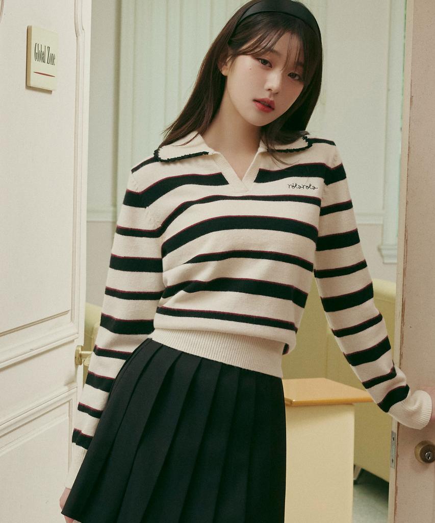 ROLAROLA V Neck Collar Stripe Knit Pullover Ivory