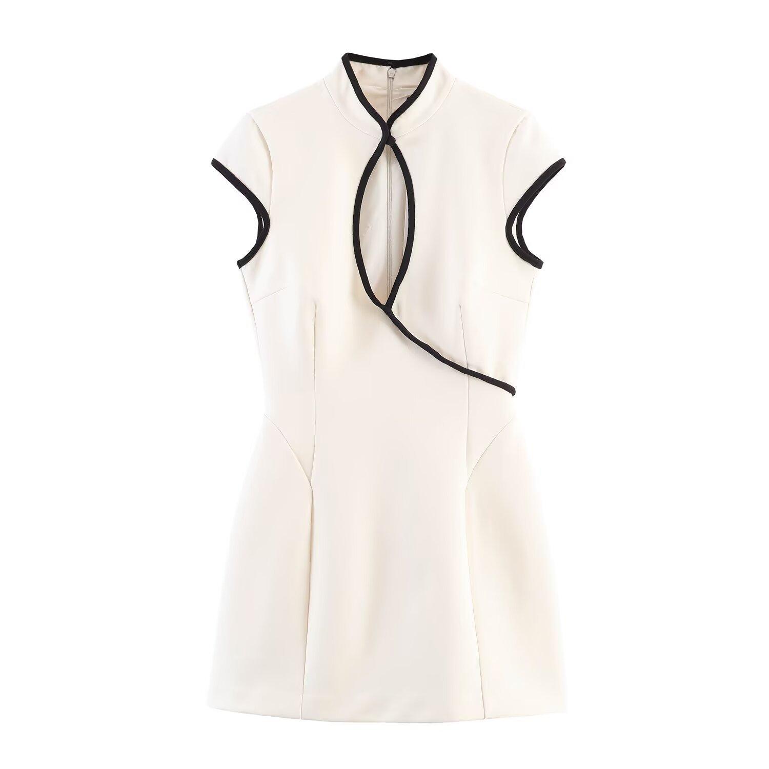 Neues Damen-Mini-Kleid im europäischen und amerikanischen Stil, Mode, Temperament, kontrastfarbene Paspel XS white