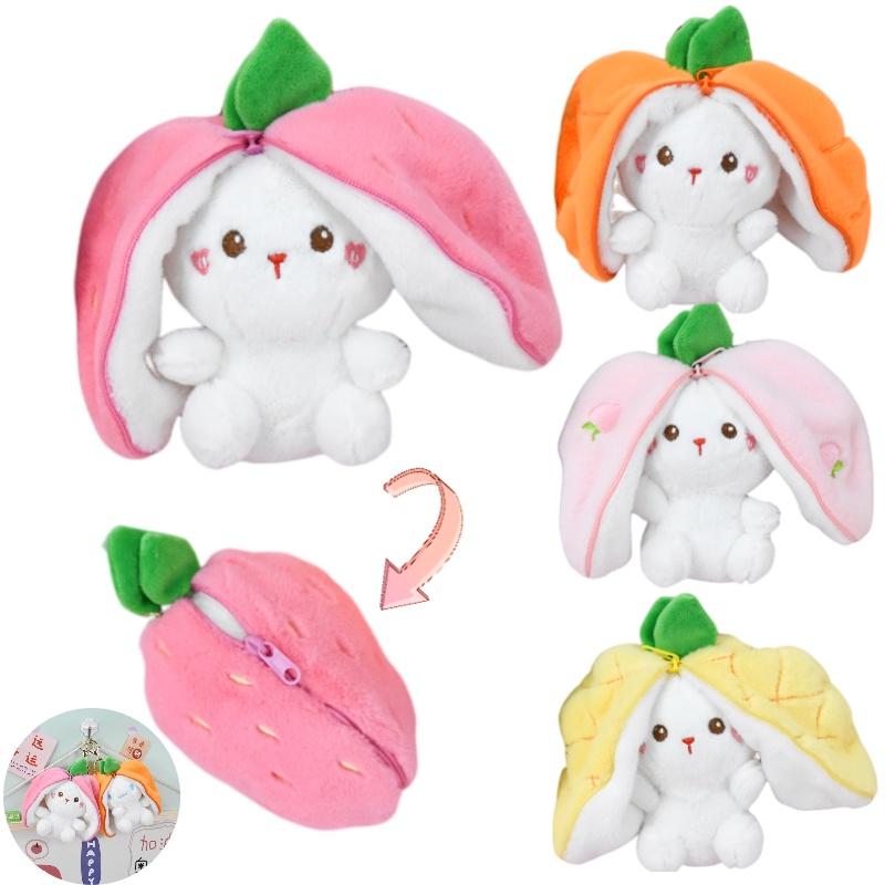 Schattig Aardbeien Konijn Pluche Speelgoed Sleutelhanger Fruit Transformatie Pop Tas Hanger