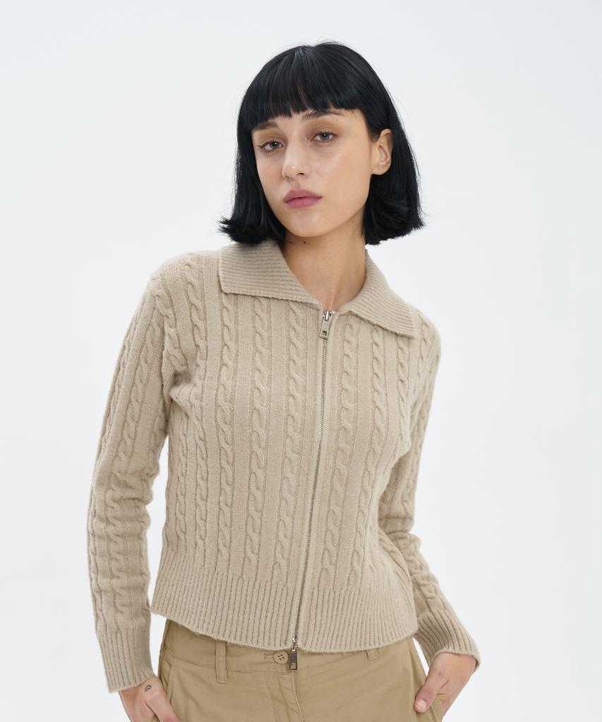 BLOND9 Fluffy Cable Knit Zip-Up_Sand