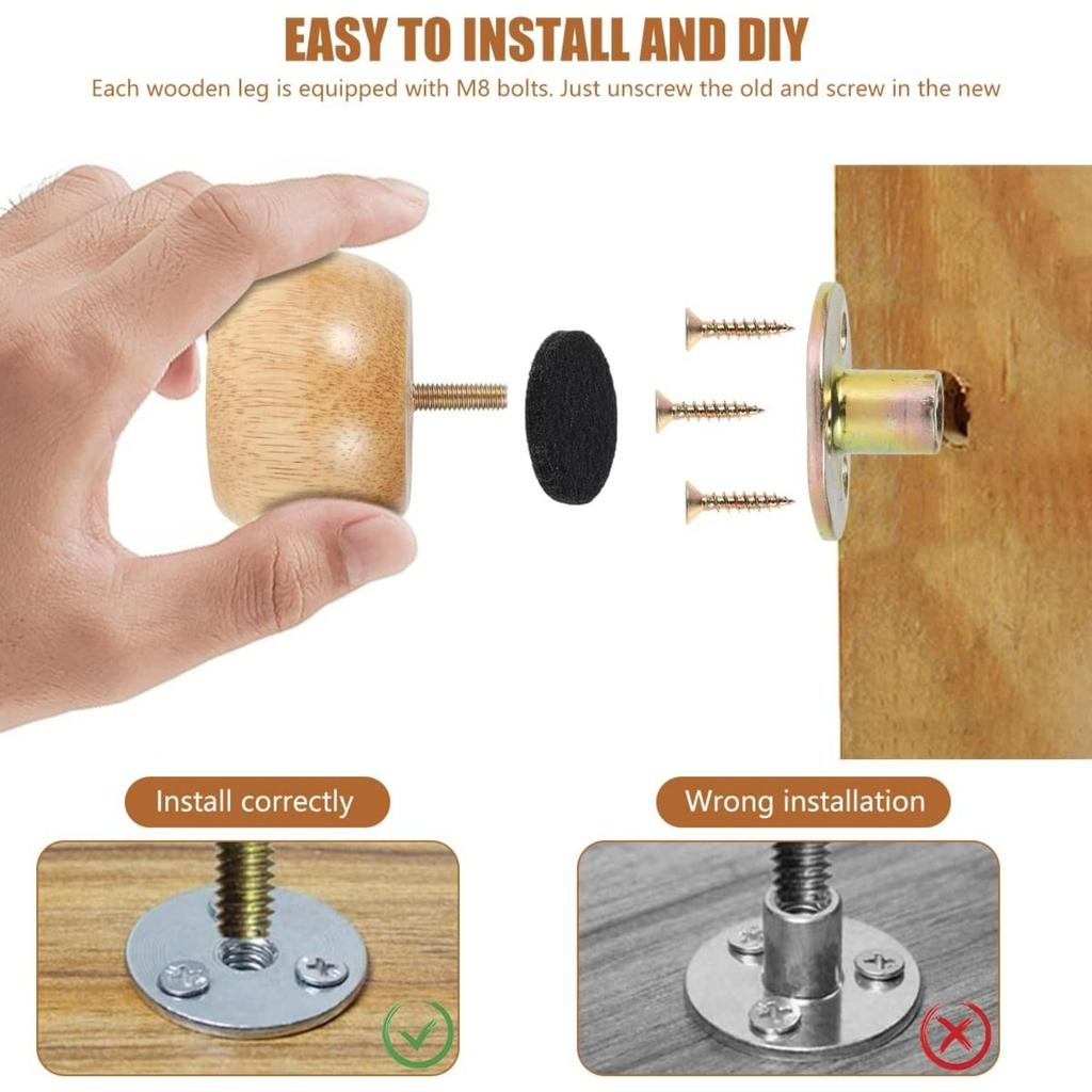 Möbelfüße aus Holz Set mit 4 Stück, 8 x 5 cm Solide Runde Kugelfüße mit 4 Schrauben DIY Stuhlbeine Tischbeine Ersatzset für Sofa Schrank Stuhl Couch