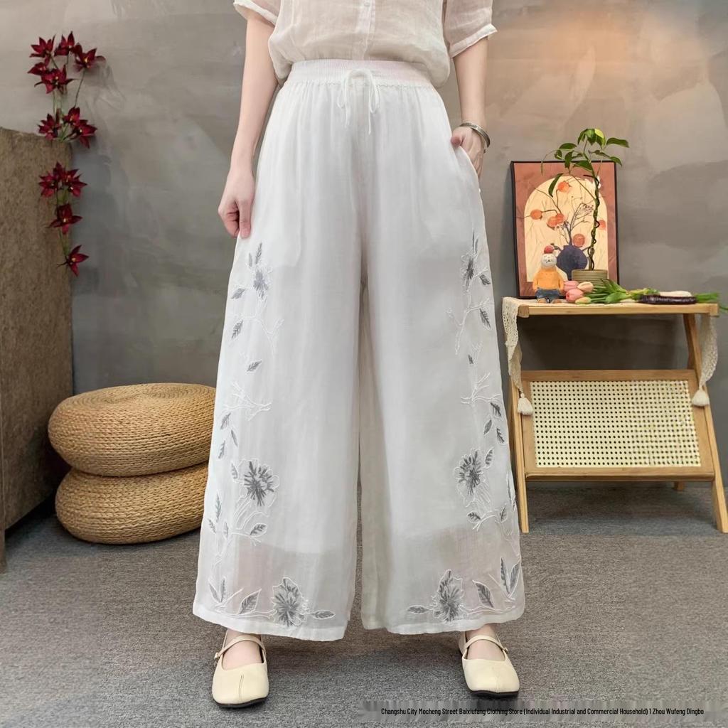 2026 Summer Linen Wide-Leg Pants with Artistic Embroidery and Elastic Waist for Women