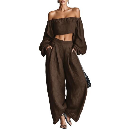 

Two Piece Sets for Women Long Sleeve Off Shoulder Crop Top Wide Leg Pants Set Summer Vacation Going Out Outfits M кофейный