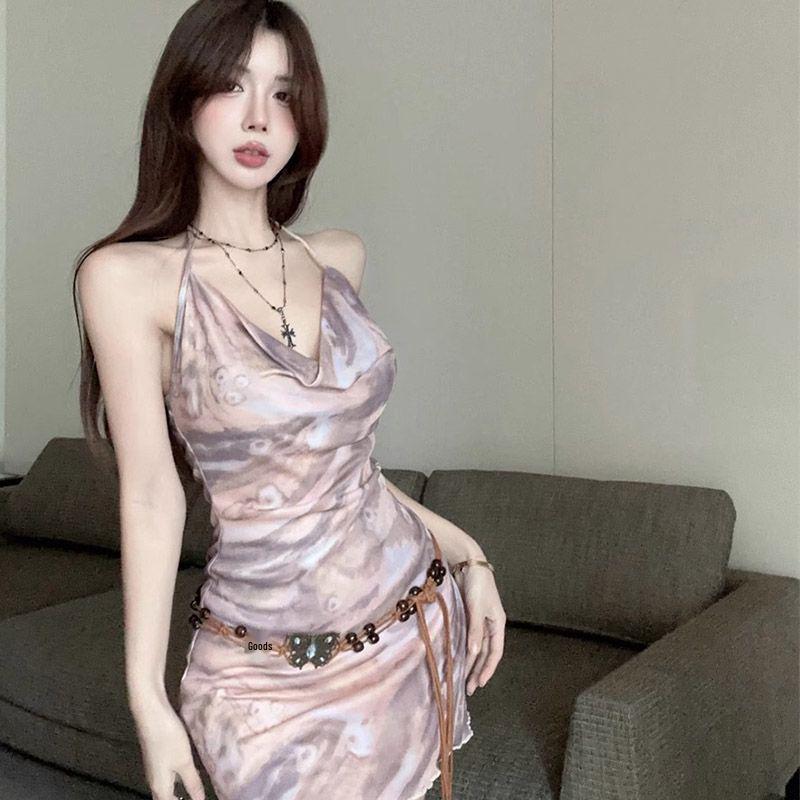 Retro Batik Neckholder Kleid – Figurschmeichelndes V-Ausschnitt Rückenfreies A-Linien-Kleid für Damen für Frühling/Sommer