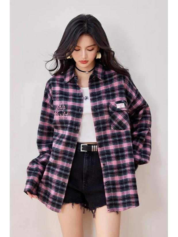 

Мужская рубашка в черно-розовую клетку в корейском стиле - Модная, Повседневная, Универсальная и Красивая для пар. Large