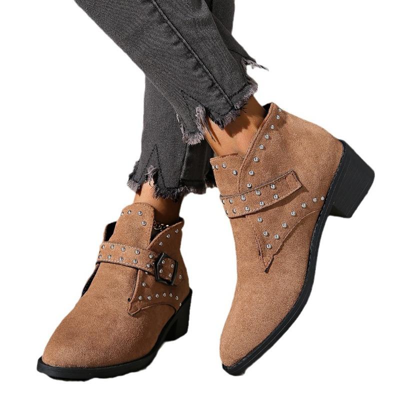 Autumn and Winter New Large Size Thick Heel Pointed Belt Buckle Rivet Short Boots Women