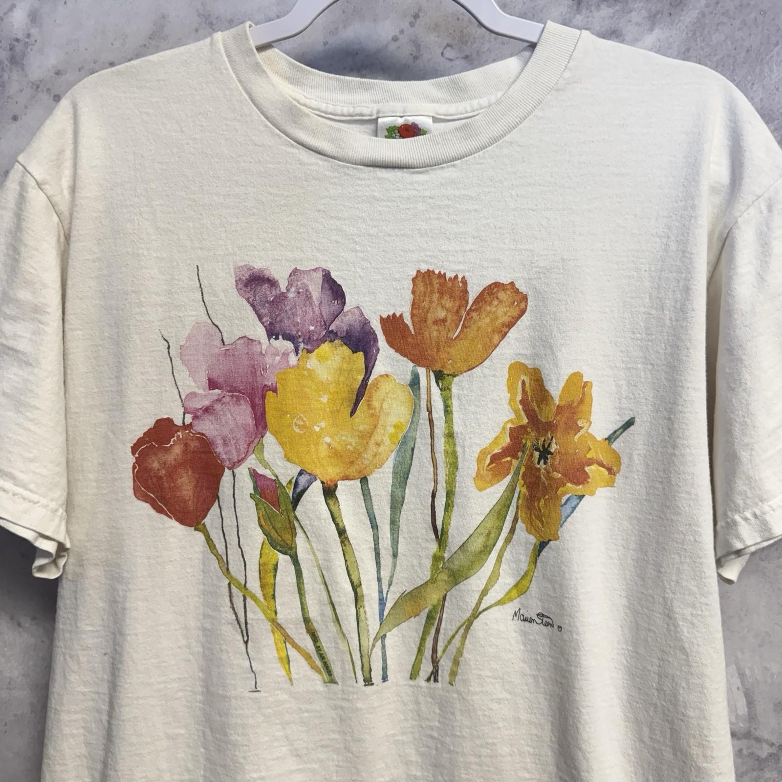 VTG Flowers Graphic T Shirt Large Fruit of the Loom Short Sleeve White Cotton L