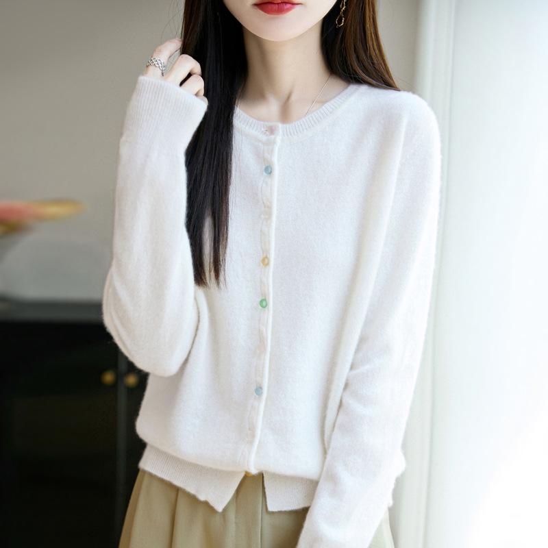 Women's Luxury Pure Wool Cardigan - Thick, Round Neck, Crystal Buttons, Autumn/Winter Style