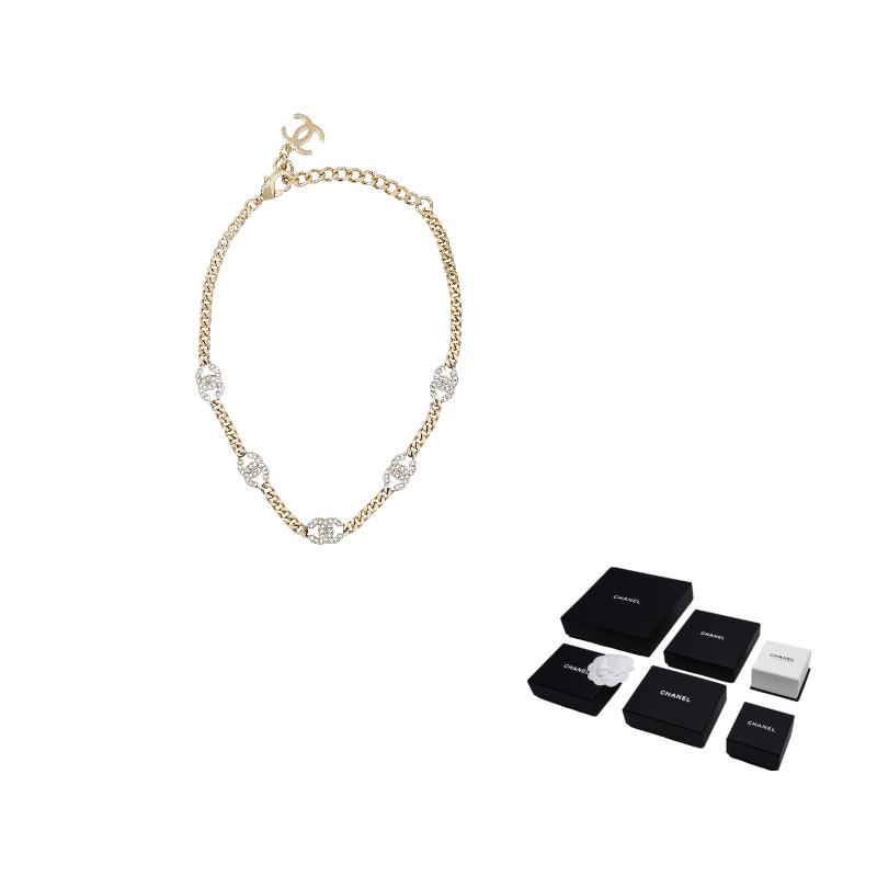 

CHANEL Classic Double CLogo Metal Rhinestone Choker Necklace Women s Gold золотий