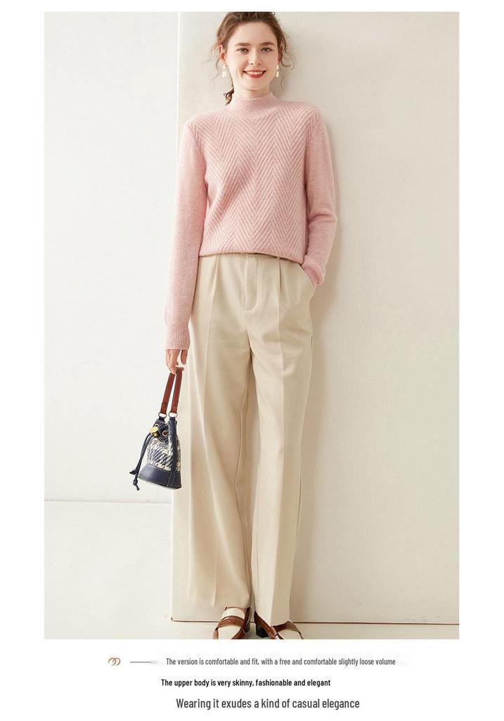 Women's Twist Pattern Cashmere Sweater - Half-High Collar, Knitted Pullover for Autumn/Winter, Loose Fit, Solid Color, Versatile Base Layer.