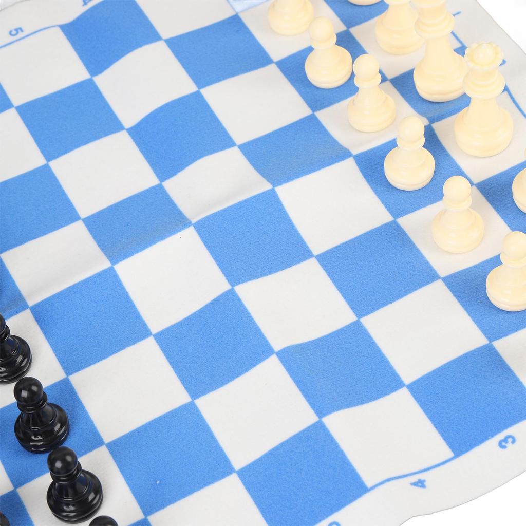 Chess Set Plastic Chess Pieces PU Blue White Chess Board Black Drawstring Pocket Chess Game Set for Travel Party