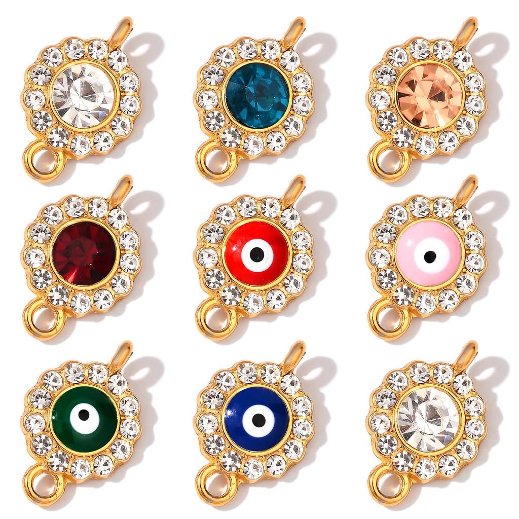 4Pcs Enamel Round Evil Eye Charms Connector Turkish Evil Eye Rhinestone Pendant For Bracelet Necklace DIY Jewelry Making