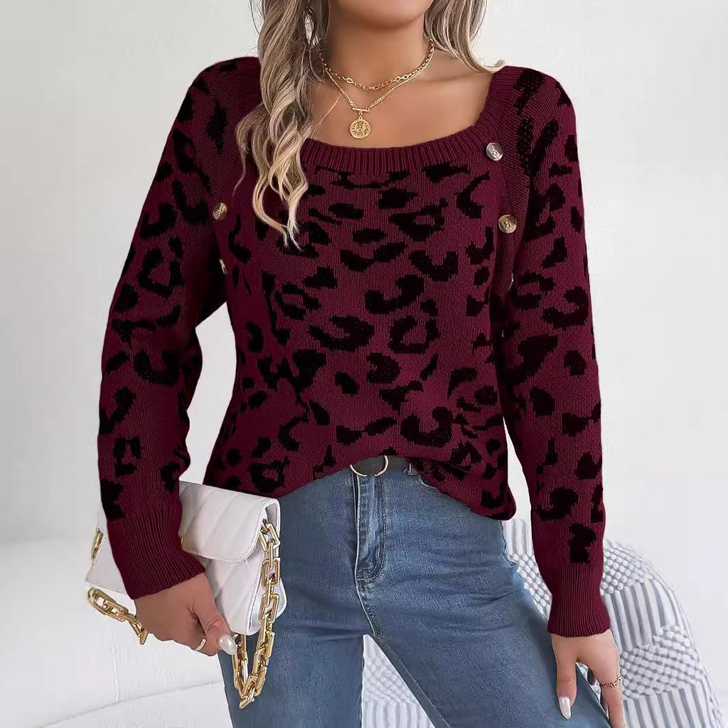 Damen Strickpullover U-Ausschnitt Knopf Langarm Pullover Leopard Print Knopf Strickwaren Oberteile