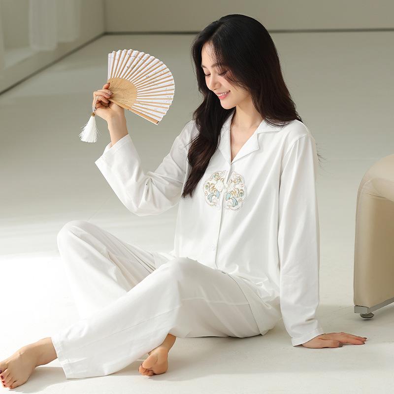 Pajamas Women's Spring and Autumn Pure Cotton Long-sleeved New Floral Thin Mother Advanced Sense Can Be Worn Outside Cool Cotton Suit