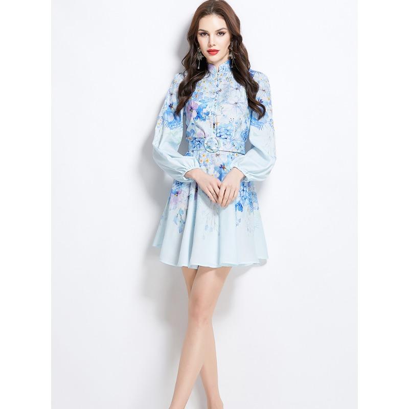 Summer Autumn Women Lantern Sleeve Stand Collar Print Mini Short Beach Seaside Dresses With Belt