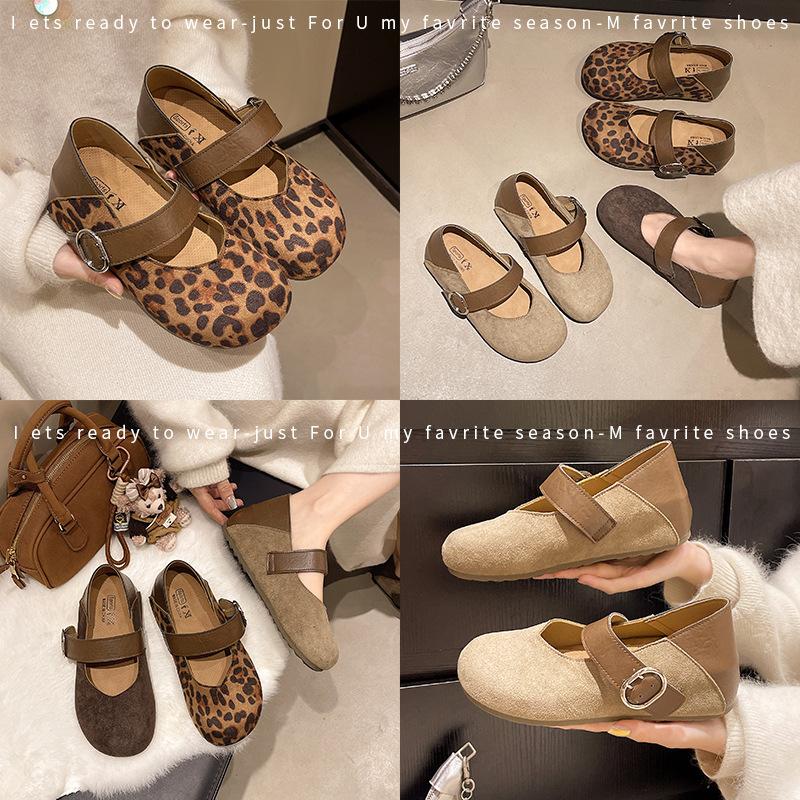 Temperament Retro Leopard Print Single Shoes Women's 2025 Spring and Summer New Flat Bottom Shallow Mouth Pointed Head One-word Buckle with Mary