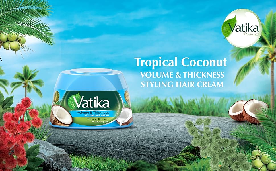 Tropical Coconut Styling Hair Cream (65mL) | Promotes Volume and Thickness | Nourishing Vatika Oils | For Fine and Limp Hair