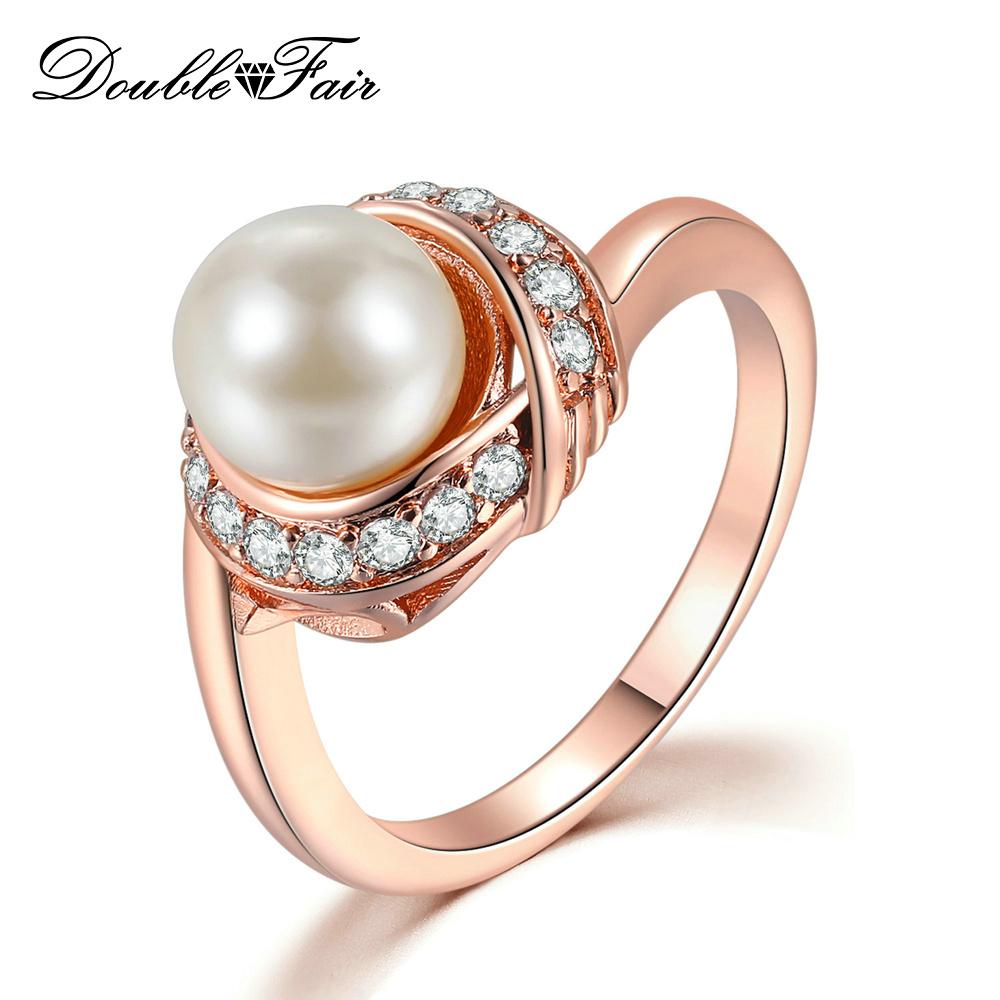 Double Fair Classic Imitation Pearl Wedding Engagement Rings For Women Rose Gold Color Zircon Finger Ring Jewelry DFR670