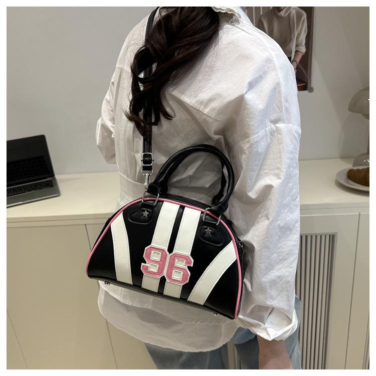 New Japanese Style Faux Leather Boston Bag for Women, Trendy Handheld Shoulder Crossbody Purse, Racing Style Bowling Handbag CLE