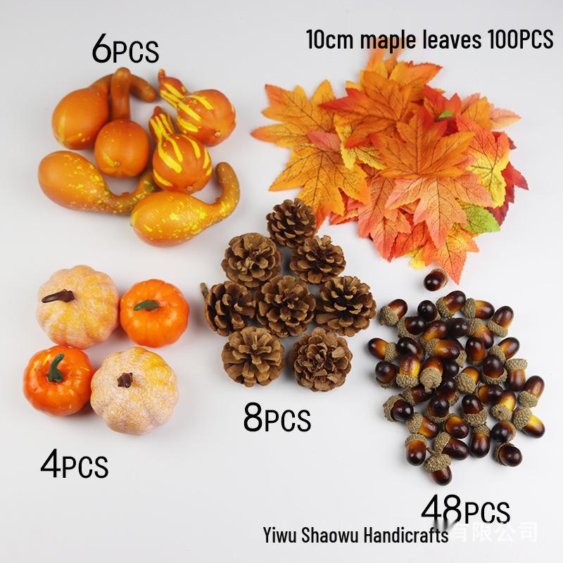 Halloween Decoration Set: Fake Pumpkins, Red Maple Leaves, Pine Cones, Acorns & Backdrop Props