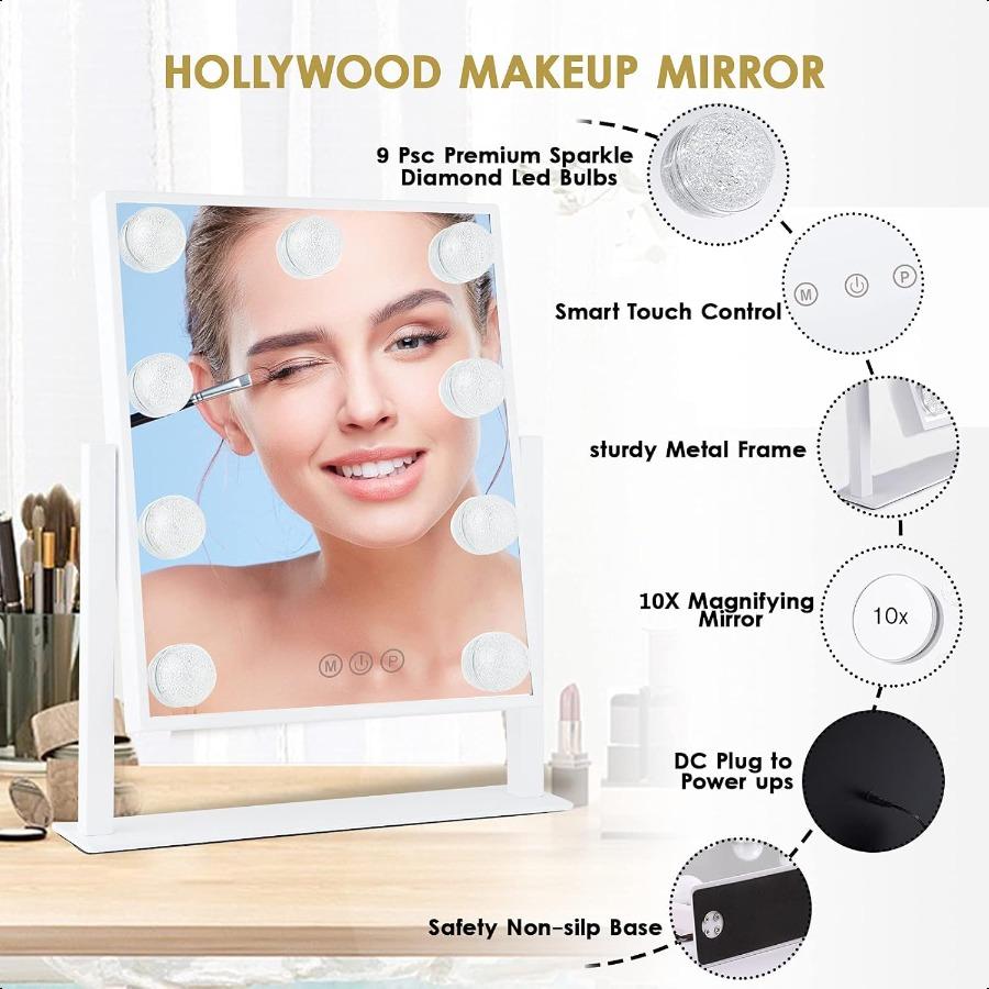Vanity Mirror with Lights Hollywood Lighted Makeup Mirror with 3 Color Modes and 9 Dimmable Diamond LED Light Bulbs Detachable