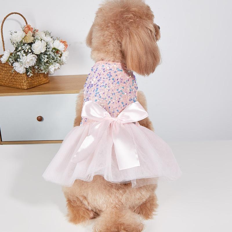 Elegant Pet Wedding Outfit Pink Shiny Sequin Mesh Skirt Soft Bridal Dress Cute Holiday Costume for Small Puppies Kittens Daily Wear
