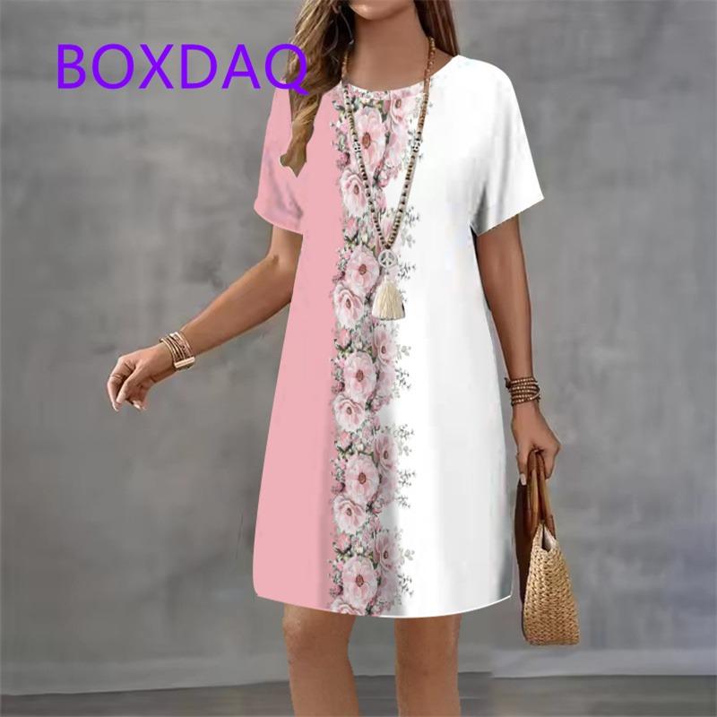 Fashion Elegant Butterfly Flowers Pattern Women's Dress New Summer Street Flower Print Short Sleeve Loose Casual Mini Dress 2025