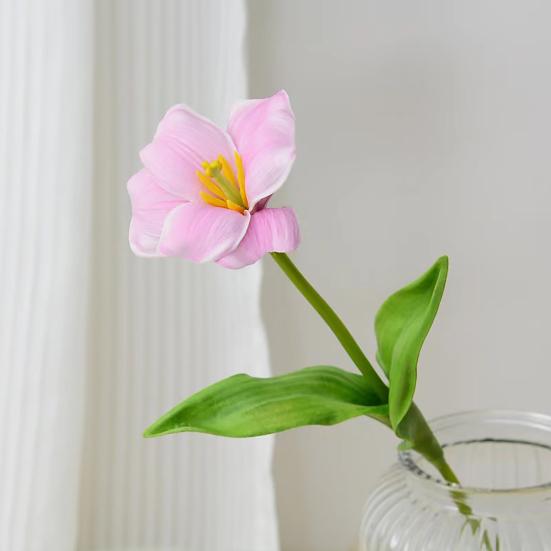 6Pcs Artificial Opening Tulip with Green Leaves Realistic Fake Flower Branch Home Office Wedding Party Indoor Outdoor Faux Bloom Plants Decoration