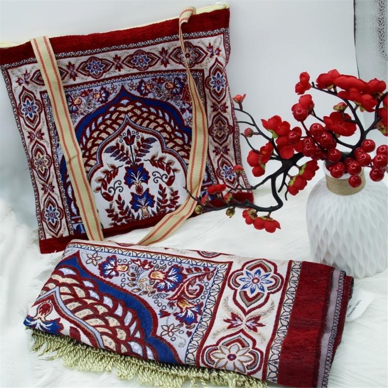 Foldable Portable Prayer Mat Islamic Floral Woven Jacquard Kneeling Rug Blanket with Tassels For Men Women and Children