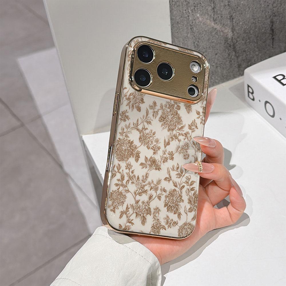 Lucky Start Phone Case For iPhone 17 16 15 14 13 12 11 Pro Max 16E Gold Electroplated Glass Shell  Beige Peony Cover