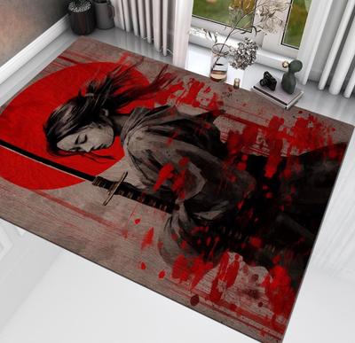 Japanese Samurai Woman Rug, Red Sun Martial Arts Carpet, Katana Warrior Living Room Runner Carpet