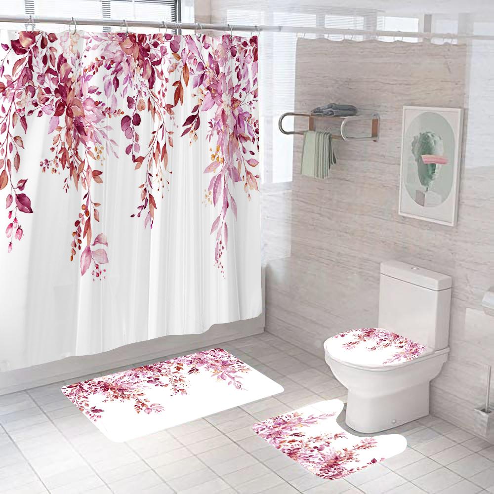

Green Leaves Shower Curtain Sets Spring Rural Plant Flower Bathroom Curtains Non-Slip Toilet Lid Cover Rug Baths Mats Home Decor W60H190(CM)-1 Pcs
