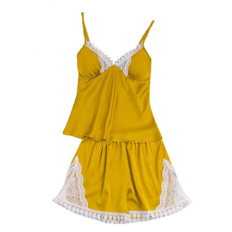 Summer satin pajamas women's silk sexy shorts casual women's lace loungewear set 1111 light luxury
