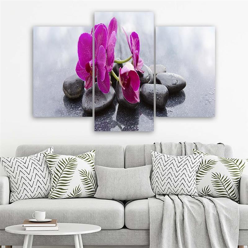Three Piece Picture Canvas Print Orchid Flowers Stones Purple