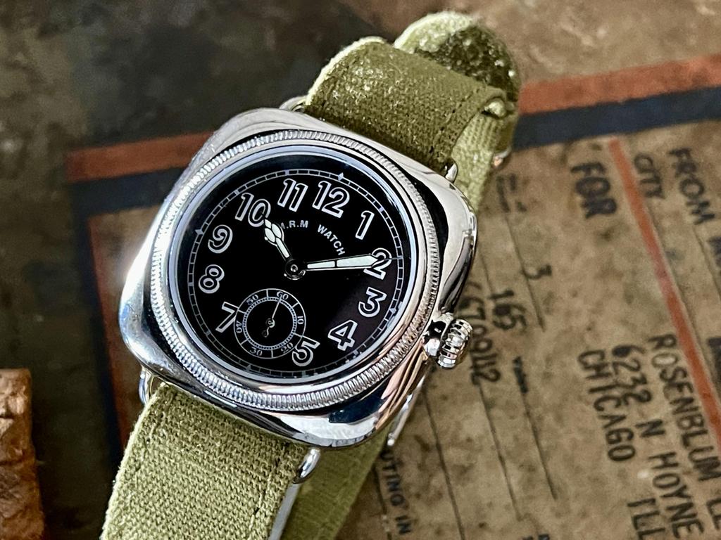 Military Watch Cushion Watch Black Dial Green Cloth Strap [M.R.M.W.]