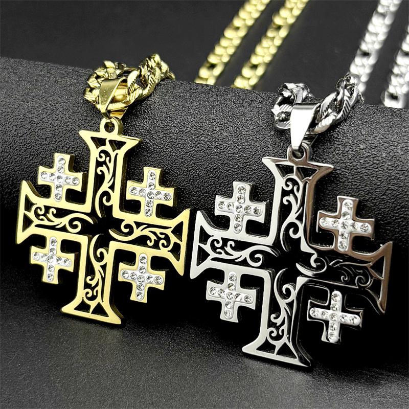 Jerusalem Cross Pendant Necklace for Women Men Stainless Steel Gold Color Christian Rhinestones Hip Hop Chain Necklaces Jewelry