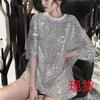 Women's Loose Sequin T-Shirt Dress Round Neck Short Sleeve Midi Tunic