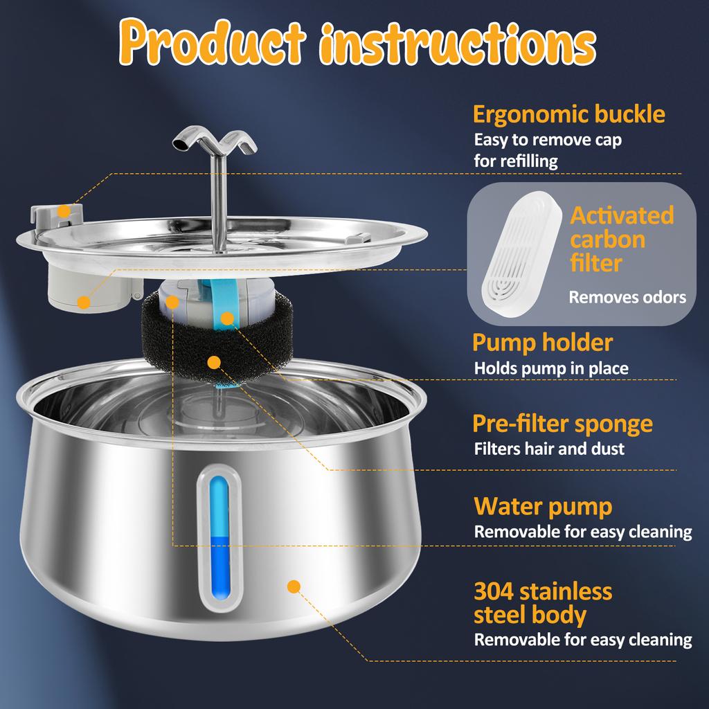 4L/135oz Automatic Pet Water Dispenser Stainless Steel For Cats And Dogs Circulating Filtering Electric Mute Drinking Bowl