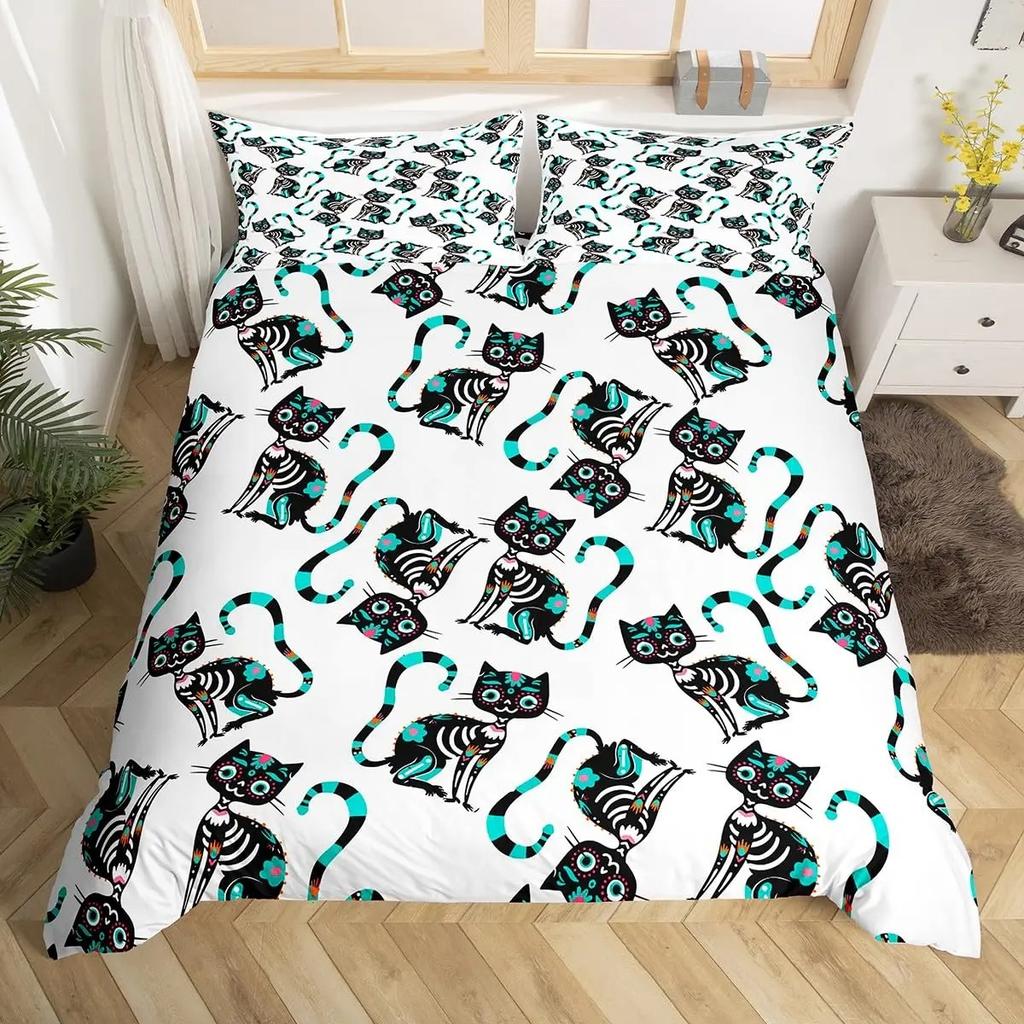 Ložní souprava Sugar Skull Queen Povlak na přikrývku s kostrou pro chlapce dívky teenagery Růžový povlak na přikrývku s mašlí Halloweenský motiv Povlak na prošívanou deku