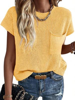 Womens Short Sleeve Ribbed Knit Pullover Crew Neck Summer Sweater Top