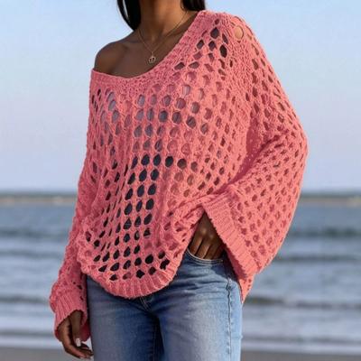 Novo Suéter de Tricô Feminino Plus Size com Recortes e Mangas Longas, Top Versátil Casual Solto para Mulheres, Estilo UE EUA