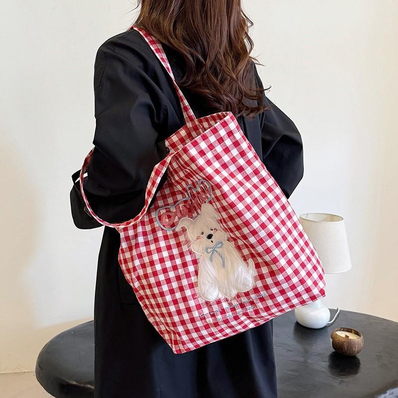 Checkered Embroidered Puppy Printed Canvas Shoulder Bag Outdoor Crossbody Bag