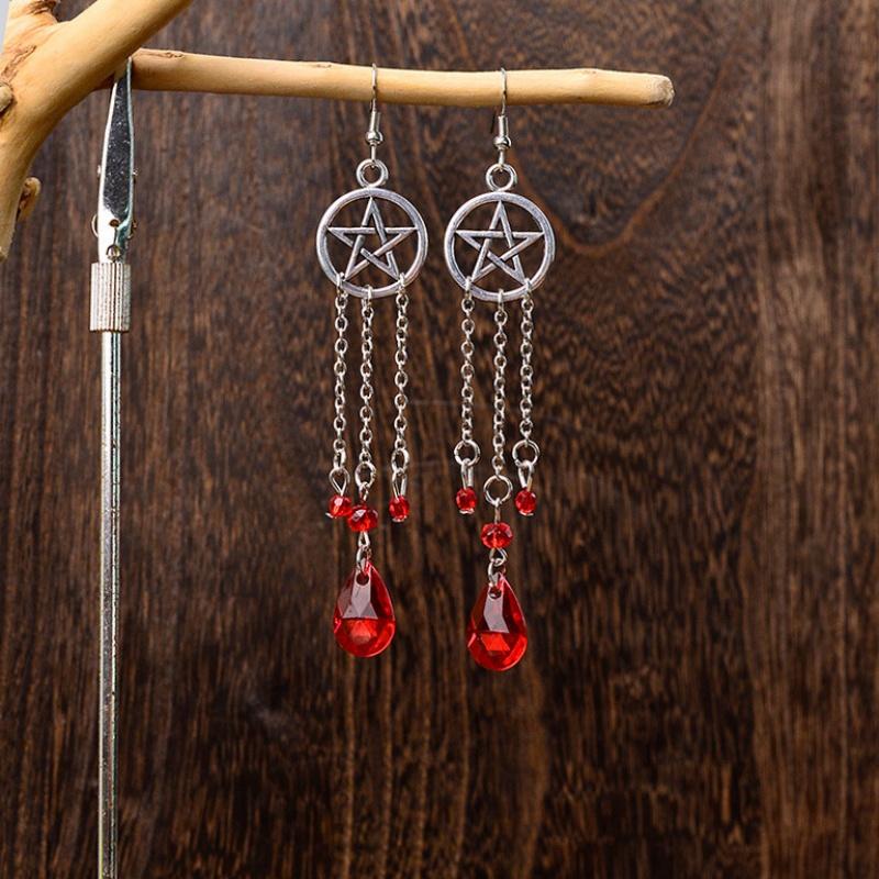 Gothic Crystal Star Chain Tassel Earrings For Women Rhinestone Star Tassel Earring Piercing Geometric Stud Earring Zircon красный