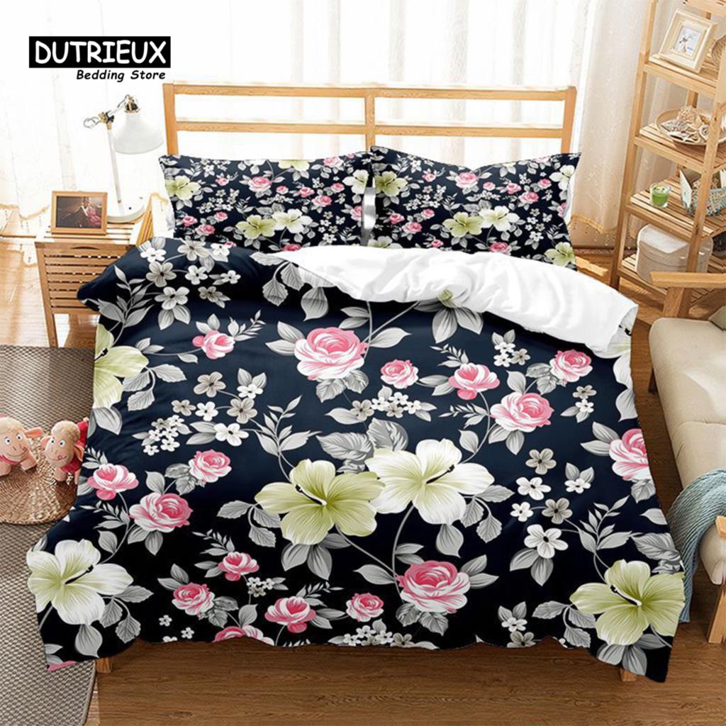 Floral Bedding Set Botanical Duvet Cover Queen Soft Boho Rose Flowers Leaves Print Comforter Cover For Kids Teens Adults Decor